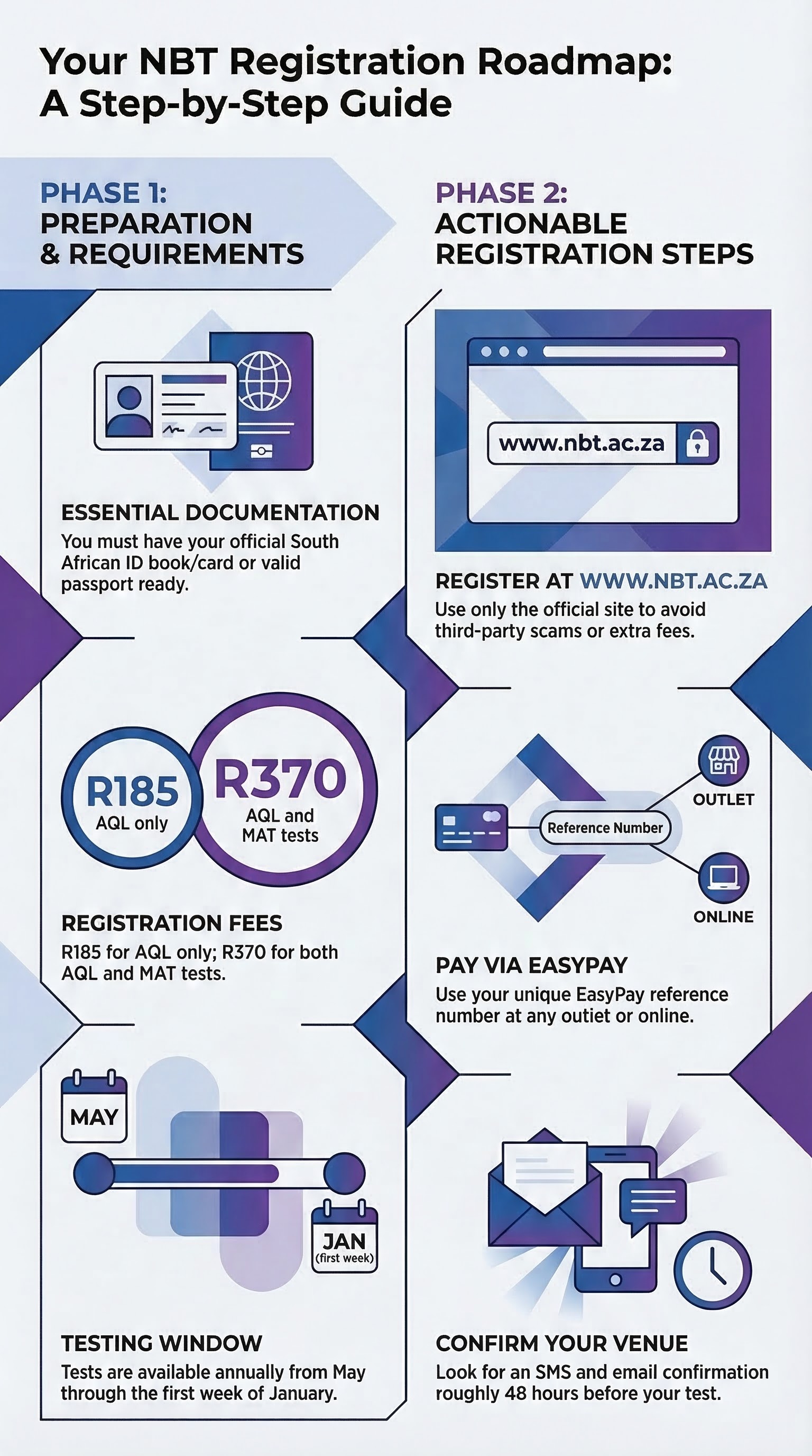 How to Register for the NBT in 2026: Costs, Payment, Dates and Test Options — infographic summary